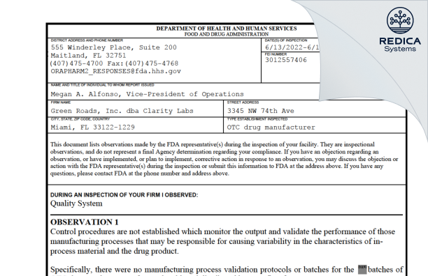 FDA 483 - Green Roads Inc [Deerfield Beach / United States of America] - Download PDF - Redica Systems