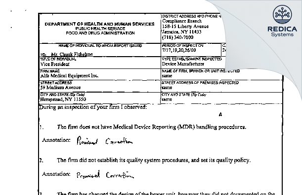 FDA 483 - Alfa Medical Equipment Inc. [Hempstead / -] - Download PDF - Redica Systems