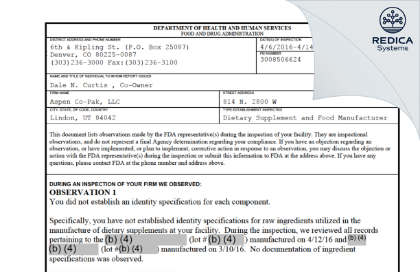 FDA 483 - Aspen Co-Pak, LLC [Lindon / United States of America] - Download PDF - Redica Systems
