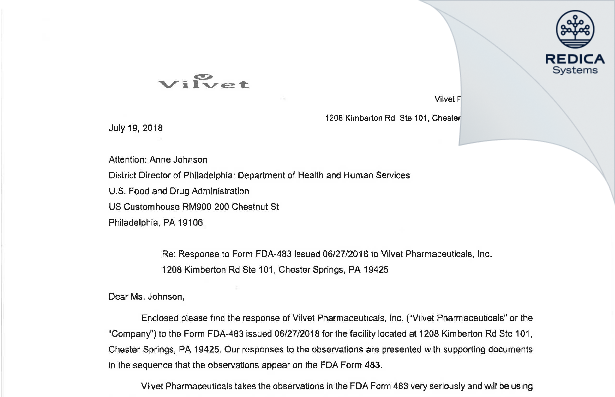 FDA 483 Response - Vilvet Pharmaceuticals Inc. [Chester Springs / United States of America] - Download PDF - Redica Systems