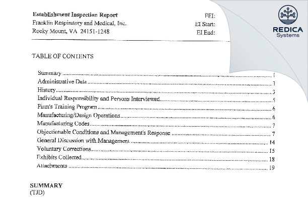 EIR - Franklin Respiratory and Medical, Inc. [Rocky Mount Virginia / United States of America] - Download PDF - Redica Systems