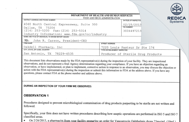 FDA 483 - Oakdell Pharmacy, Inc [San Antonio / United States of America] - Download PDF - Redica Systems