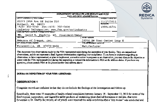 FDA 483 - Hemcare of Oregon, Inc. [Wilsonville / United States of America] - Download PDF - Redica Systems