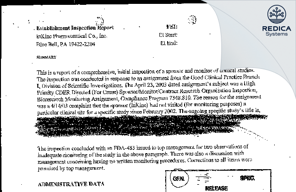 EIR - InKine Pharmaceutical Co., Inc. [Blue Bell / United States of America] - Download PDF - Redica Systems