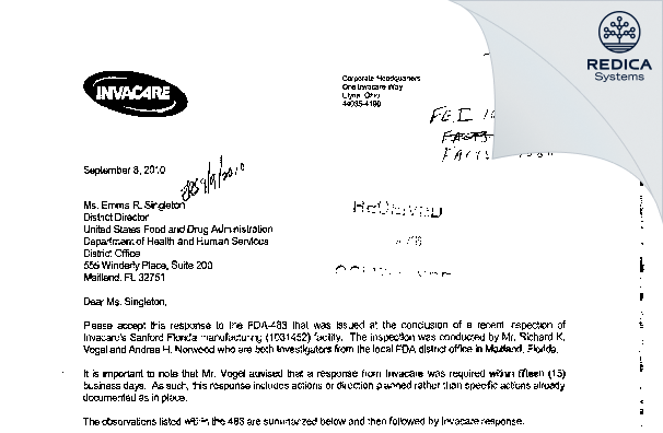 FDA 483 Response - Invacare Corporation [Sanford / United States of America] - Download PDF - Redica Systems