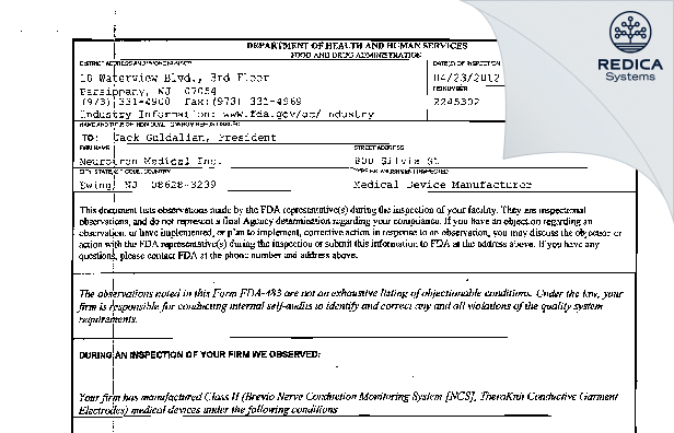 FDA 483 - Neurotron Medical Inc. [Ewing / United States of America] - Download PDF - Redica Systems