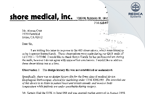 FDA 483 Response - Truer Medical Inc [Orange / United States of America] - Download PDF - Redica Systems