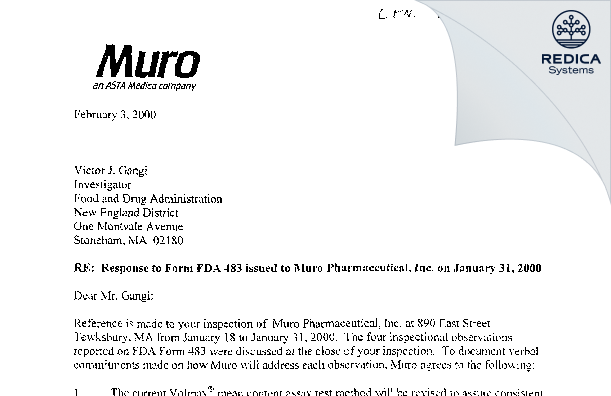 FDA 483 Response - Muro Pharmaceutical Inc. [Tewksbury / United States of America] - Download PDF - Redica Systems
