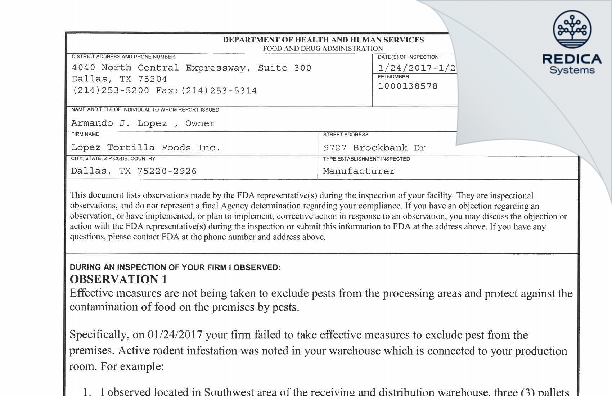 FDA 483 - Lopez Tortilla Foods, Inc. [Dallas / United States of America] - Download PDF - Redica Systems