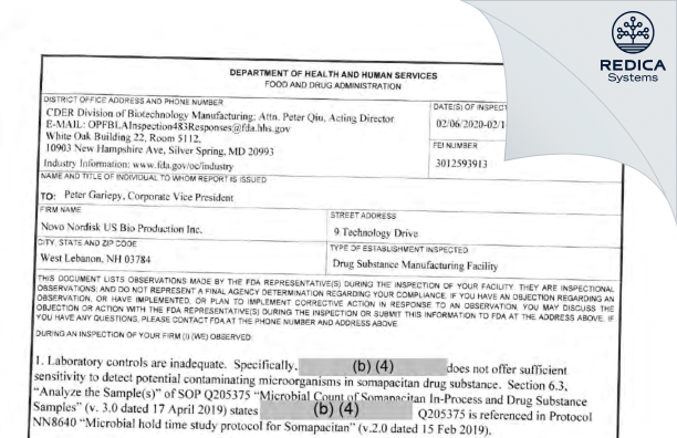 FDA 483 - Novo Nordisk US Bio Production Inc. [Hampshire / United States of America] - Download PDF - Redica Systems