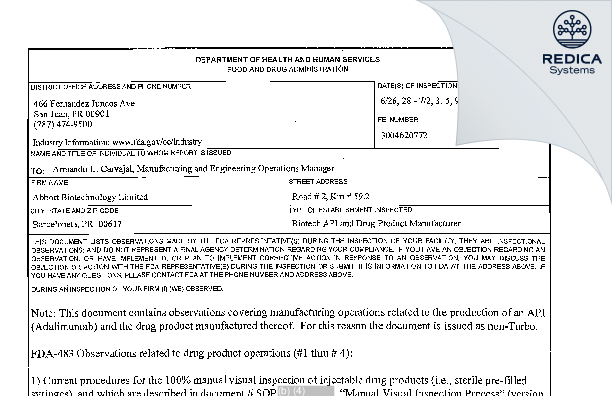FDA 483 - AbbVie Biotechnology LTD [Rico / United States of America] - Download PDF - Redica Systems