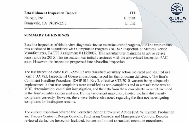 EIR - Hologic, Inc. [Sunnyvale / United States of America] - Download PDF - Redica Systems