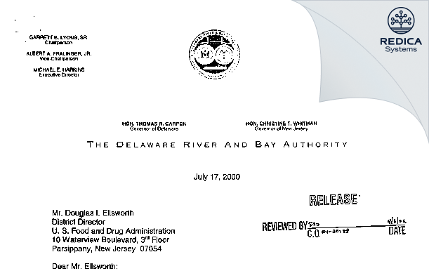 FDA 483 Response - Delaware River & Bay Authority Cape May-Lewes Ferry [Cape May / United States of America] - Download PDF - Redica Systems
