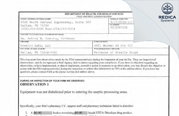FDA 483 - Downing Labs, LLC [Dallas / United States of America] - Download PDF - Redica Systems