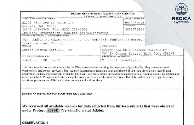 FDA 483 - Judith Guzman-Cottrill, D.O. [Portland / United States of America] - Download PDF - Redica Systems