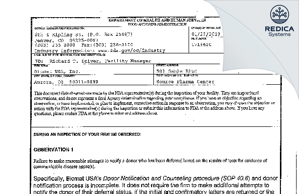 FDA 483 - Grifols [Aurora / United States of America] - Download PDF - Redica Systems