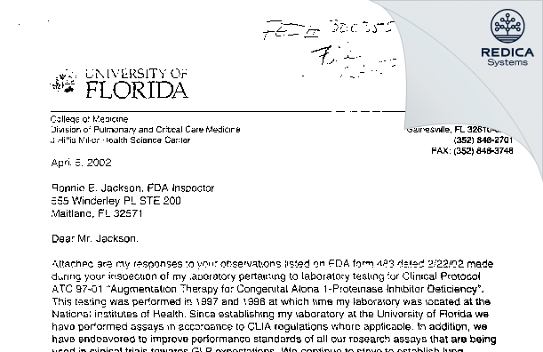 FDA 483 Response - Mark L. Brantly, M.D. [Gainesville / United States of America] - Download PDF - Redica Systems