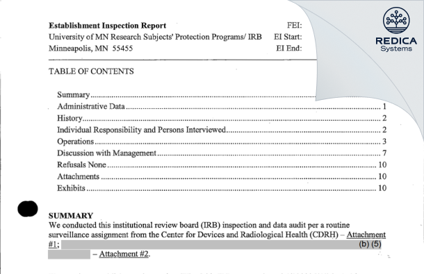EIR - U Of MN Research Subjects' Protection Program/ IRB [Minneapolis / United States of America] - Download PDF - Redica Systems