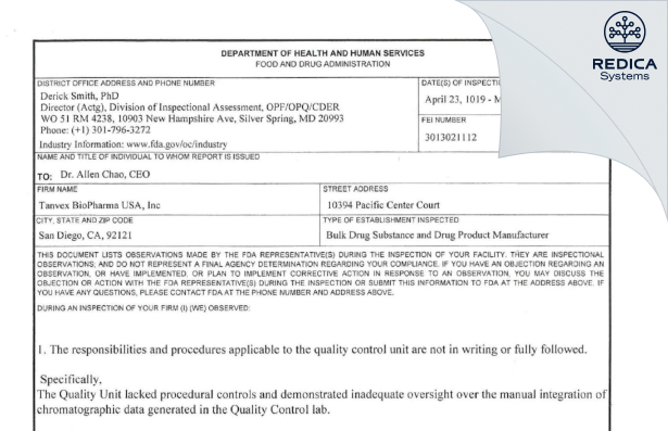 FDA 483 - Tanvex BioPharma USA, Inc [San Diego / United States of America] - Download PDF - Redica Systems