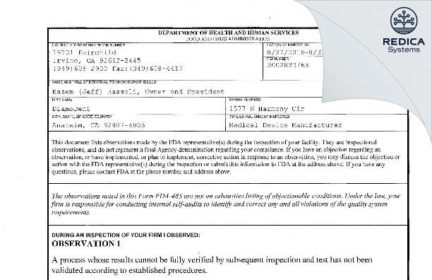 FDA 483 - DiamoDent, Inc. [Anaheim / United States of America] - Download PDF - Redica Systems