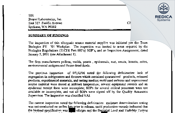 EIR - ALK Source Materials, Inc-Post Falls Division [Post Falls / United States of America] - Download PDF - Redica Systems