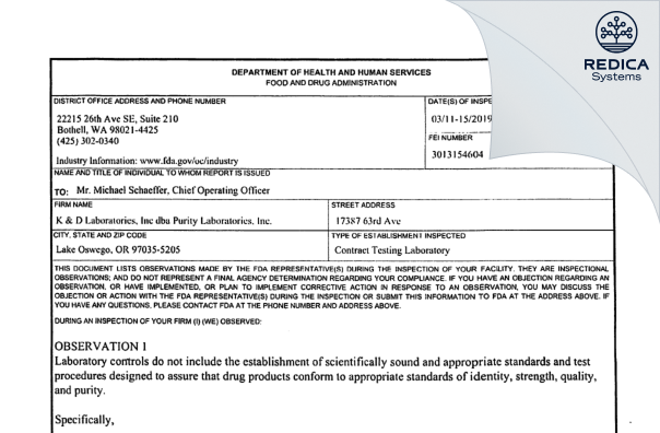 FDA 483 - K & D Laboratories, Inc. dba Purity Laboratories, Inc. [Lake Oswego / United States of America] - Download PDF - Redica Systems