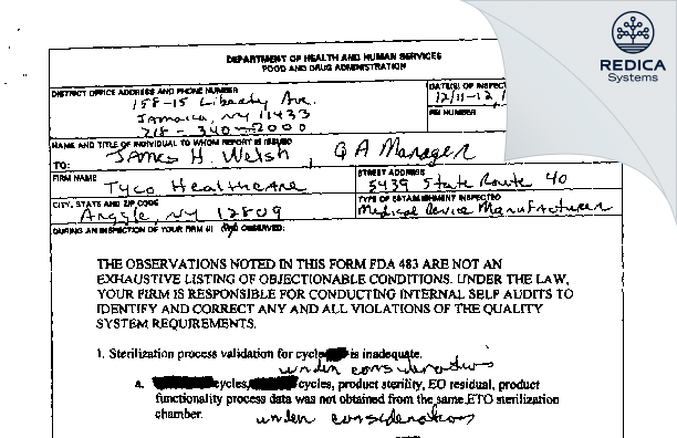 FDA 483 - Kendall a Division of Tyco Healthcare Group LP [Argyle / United States of America] - Download PDF - Redica Systems