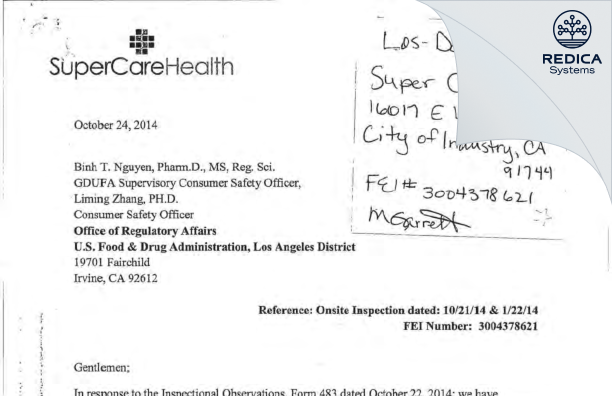 FDA 483 Response - Super Care Inc [City Of Industry California / United States of America] - Download PDF - Redica Systems