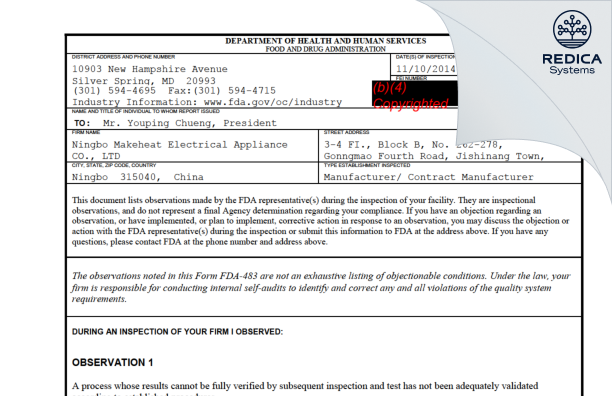 FDA 483 - Ningbo Makeheat Electrical Appliance Co., LTD [Ningbo / China] - Download PDF - Redica Systems