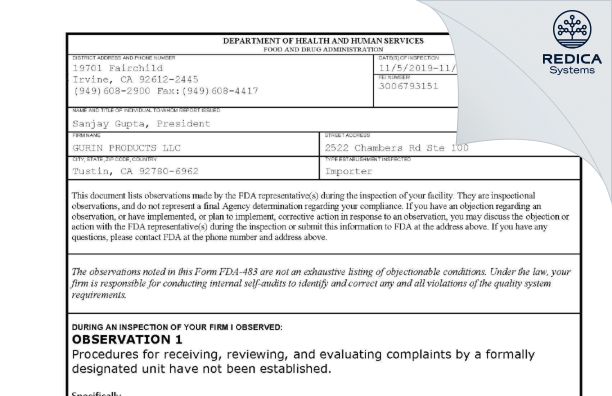 FDA 483 - GURIN PRODUCTS LLC [Tustin / United States of America] - Download PDF - Redica Systems
