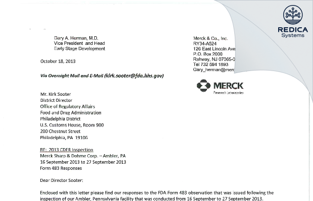 FDA 483 Response - Merck & Co., Inc. [Ambler / United States of America] - Download PDF - Redica Systems