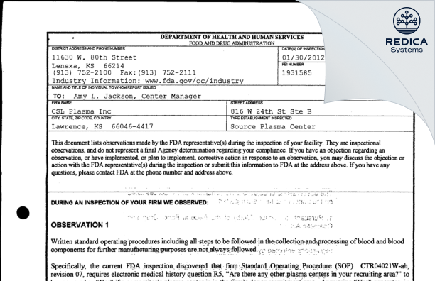 FDA 483 - CSL Plasma Inc. [Lawrence / United States of America] - Download PDF - Redica Systems