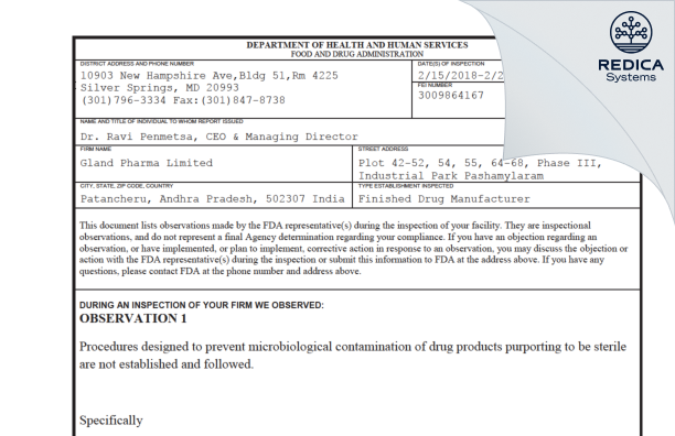 FDA 483 - GLAND PHARMA LIMITED [India / India] - Download PDF - Redica Systems