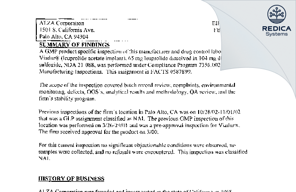 EIR - Alza Corp [Palo Alto / United States of America] - Download PDF - Redica Systems