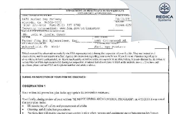 FDA 483 - Farmer John Egg Enterprises, Inc. [Bakersfield / United States of America] - Download PDF - Redica Systems