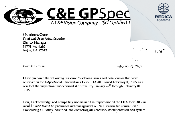 FDA 483 Response - C&E GP Specialists Inc. [San Diego / United States of America] - Download PDF - Redica Systems