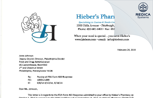 FDA 483 Response - Hieber's Pharmacy [Pittsburgh / United States of America] - Download PDF - Redica Systems