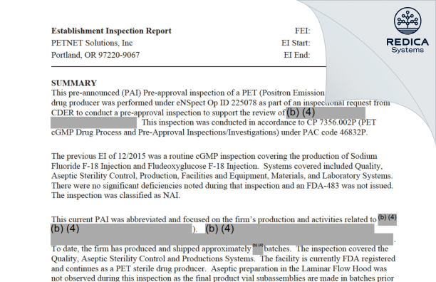 EIR - PETNET SOLUTIONS, INC. [Portland / United States of America] - Download PDF - Redica Systems