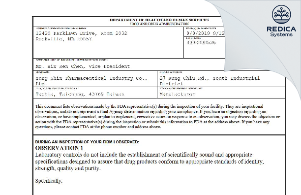FDA 483 - YUNG SHIN PHARM. IND. CO., LTD. [Taichung City / Taiwan] - Download PDF - Redica Systems