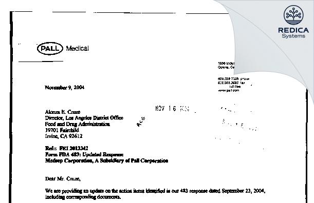 FDA 483 Response - Haemonetics Manufacturing Inc. [Covina / United States of America] - Download PDF - Redica Systems