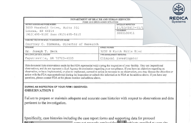 FDA 483 - Joseph Thaddeus Beck, MD [Springdale / United States of America] - Download PDF - Redica Systems