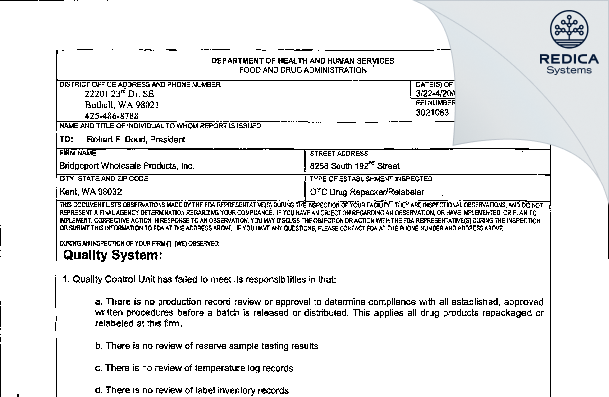 FDA 483 - Bridgeport Wholesale Products, Inc [Lakewood / United States of America] - Download PDF - Redica Systems