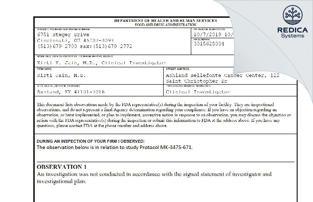 FDA 483 - Kirti Jain, M.D. [Ashland / United States of America] - Download PDF - Redica Systems