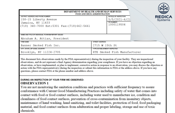 FDA 483 - Banner Smoked Fish, Inc. [Brooklyn / United States of America] - Download PDF - Redica Systems