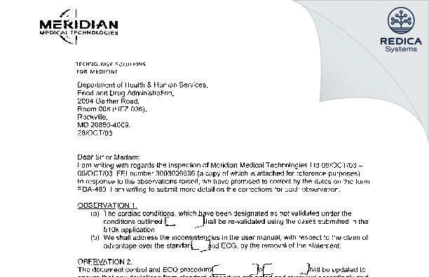 FDA 483 Response - Meridian Medical Technologies, Ltd. [Belfast / United Kingdom of Great Britain and Northern Ireland] - Download PDF - Redica Systems