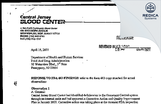 FDA 483 Response - Central Jersey Blood Center, Inc. [Shrewsbury / United States of America] - Download PDF - Redica Systems