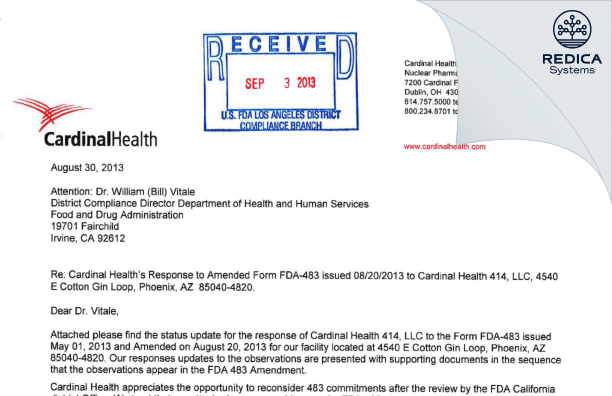 FDA 483 Response - Cardinal Health 414, LLC [Phoenix Arizona / United States of America] - Download PDF - Redica Systems
