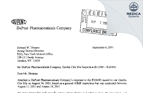 FDA 483 Response - Bristol-myers Squibb Pharma Company [Garden City / United States of America] - Download PDF - Redica Systems