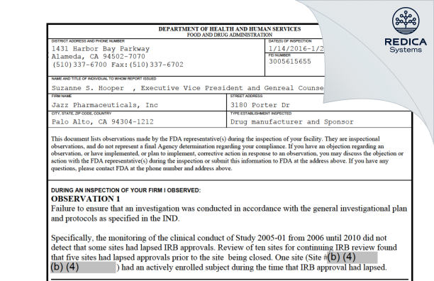 FDA 483 - Jazz Pharmaceuticals, Inc [Palo Alto / United States of America] - Download PDF - Redica Systems