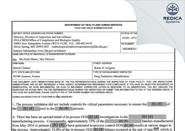 FDA 483 - Sanofi Chimie [France / France] - Download PDF - Redica Systems